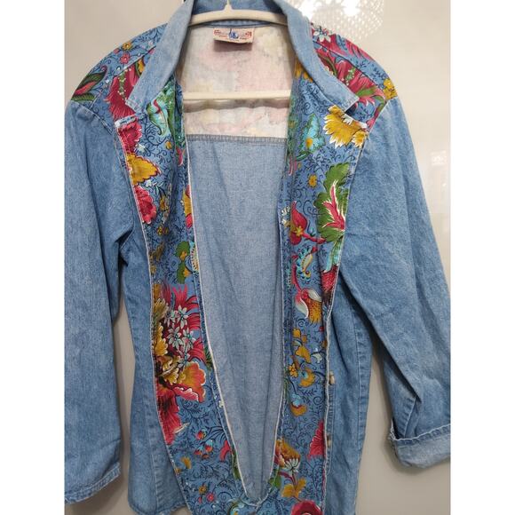 Vintage 80s 90s American Dungaree chambray denim jacket floral tapestry womens L - Picture 4 of 10